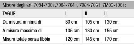 Misure degli art. 7084 7001,7084 7041, 7084 7051, 7M03 1001:,TAGLIE,I,II,III,Da misura minima di,80 cm,105 cm,130 cm,...