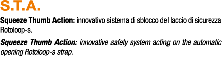 S.T.A. Squeeze Thumb Action: innovativo sistema di sblocco del laccio di sicurezza Rotoloop s. Squeeze Thumb Action: ...