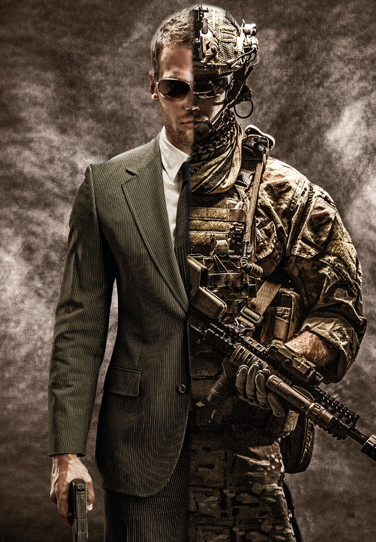 Army soldier in Combat Uniforms with assault rifle, plate carrier and combat helmet are on, Shemagh Kufiya scarf on his neck. Studio shot, dark background